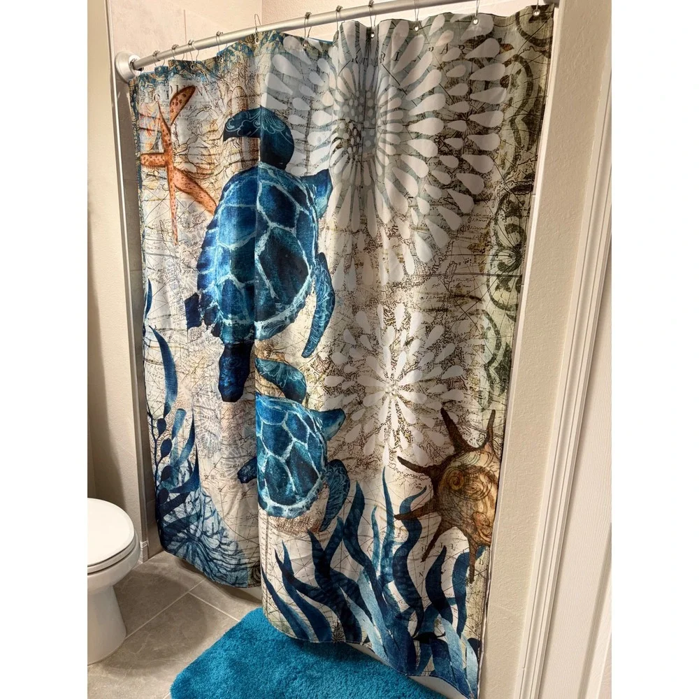 Nautical Sea Turtle Shower Curtain 70x70 Polyester Coastal Vintage Map Decor